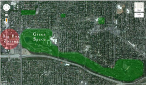 GOOD: Green space from parks and golf courses creates destinations and encourages walking and cycling. Centralized big box zoning produces more areas suited for walkers and bikers.