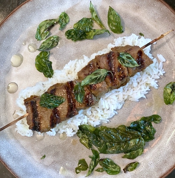 Green Curry Beef Kebabs with Crispy Basil 