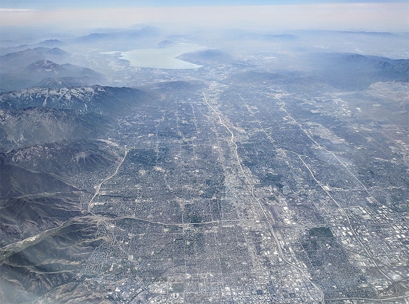 Arial view of the Wasatch Front along I-15 in Utah
