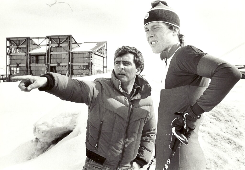 Former longtime Utah Ski Team director, Pat Miller, offers instruction to an athlete prior to a race. Miller helped the Utes win 10 national championships under his leadership from 1976-99.  Photo courtesy of Utah Athletics archives. 