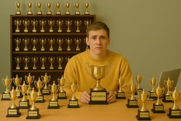 A young man surrounded by participation trophies, representing Utah’s struggle with the overpraised generation.