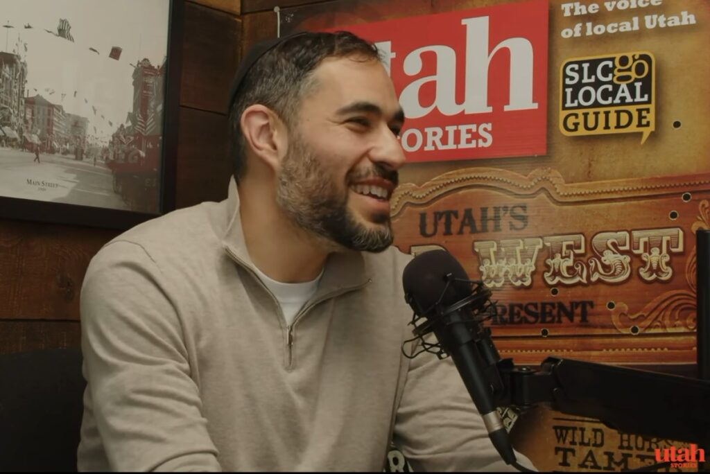 Rabbi Yoni Kayman in Utah Stories podcast studio discussing biblical values.