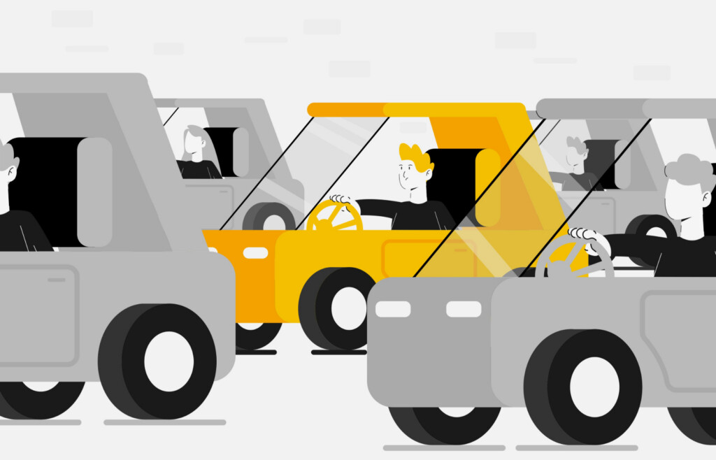 Illustration of multiple commuters in cars highlighting long-distance travel tied to Utah state employee reimbursement controversy