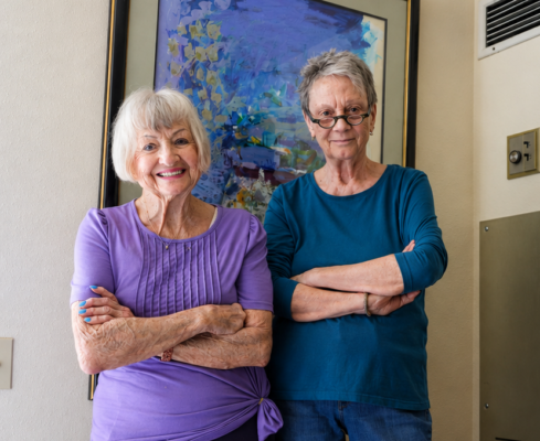 Susan Bigalow [right] and Phillis Harries (left), residents at Phillips Plaza. in Salt Lake City.