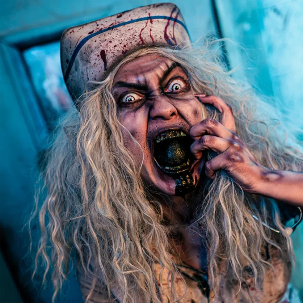 Scary nurse character featured in Fear Factory Salt Lake City's Halloween attraction.